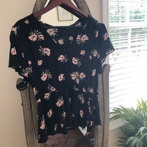 Black v neck blouse with flowers